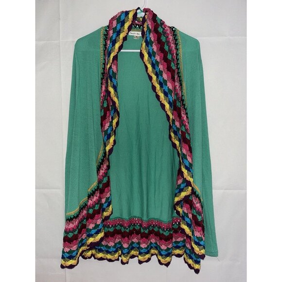 Double Zero Open Front Cardigan Women’s Small Green w/Rainbow Crochet Trim M - Picture 1 of 9